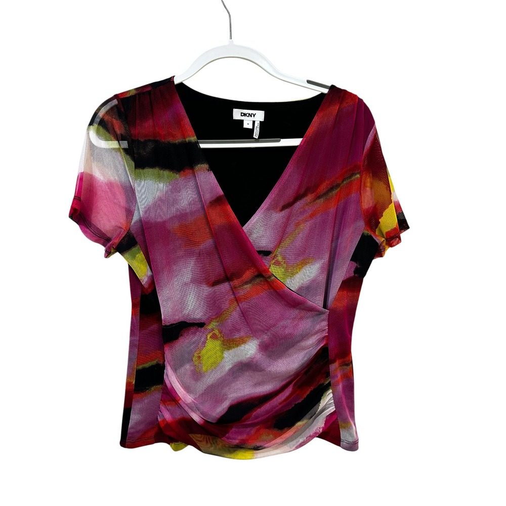 DKNY Womens Pink Abstract Mesh Faux Wrap Ruched Short Sleeve Blouse Top M